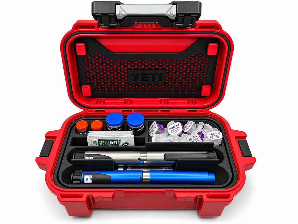 Open red YETI GoBox 1 with black organizer insert holding two pens and mixed vial sizes; insert only.