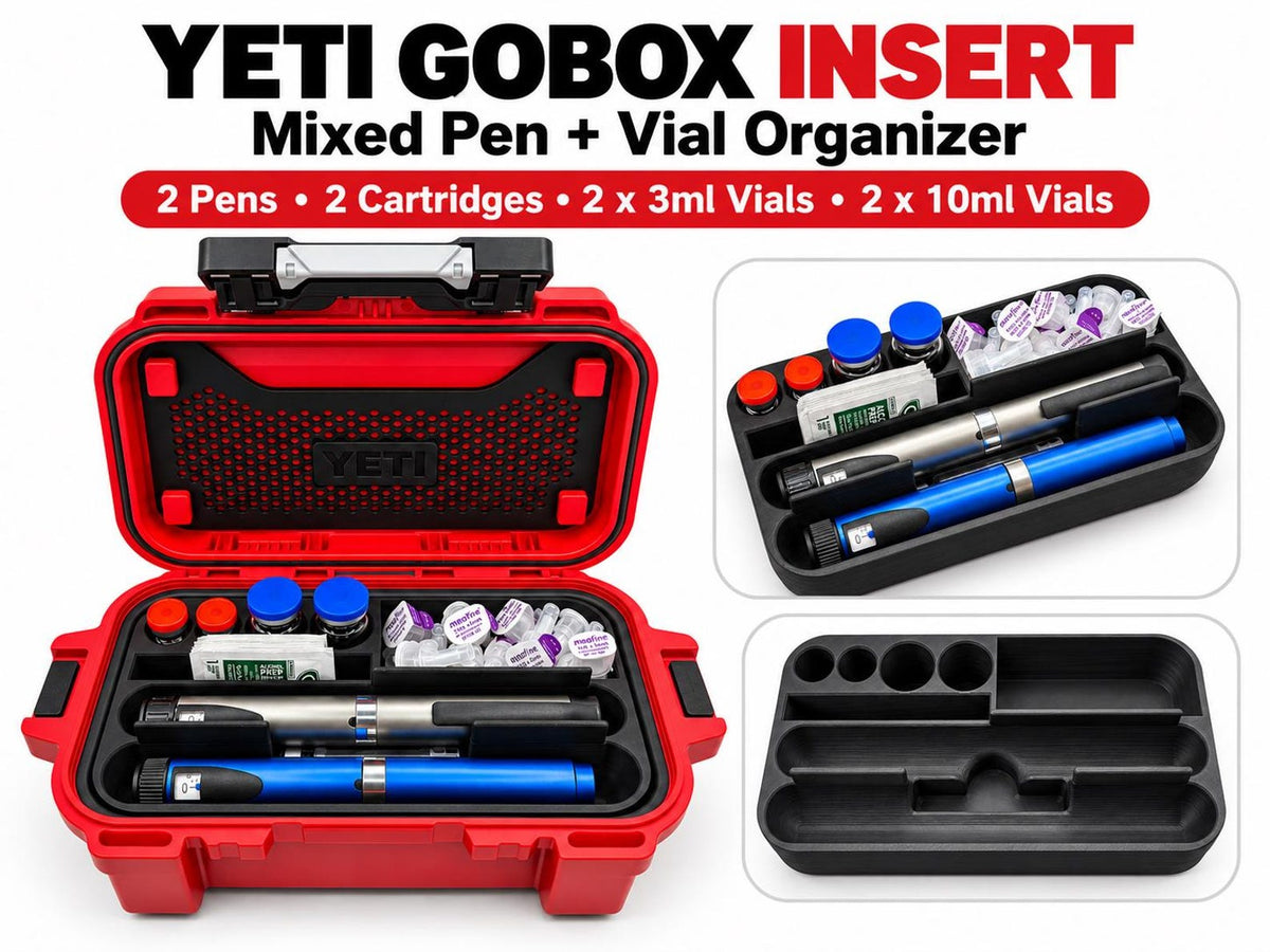 Mixed pen and vial organizer compatible with YETI GoBox 1, shown loaded in the case and removed; case and supplies excluded.