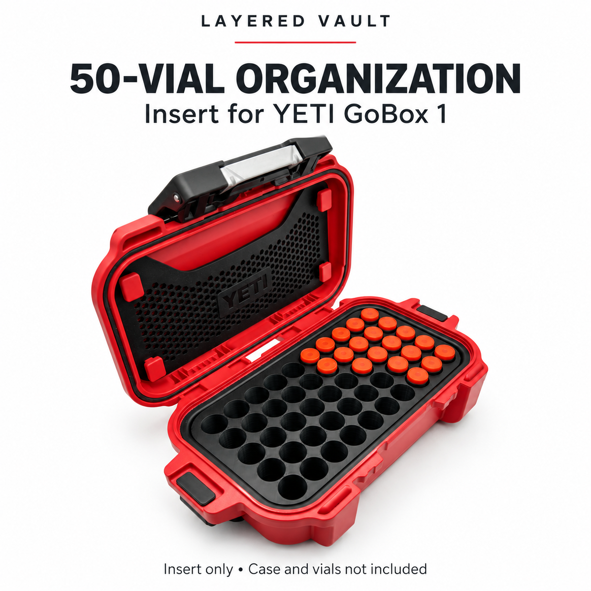 Angled view of a 50-vial insert inside an open red YETI GoBox 1; case and demonstration vials are not included.