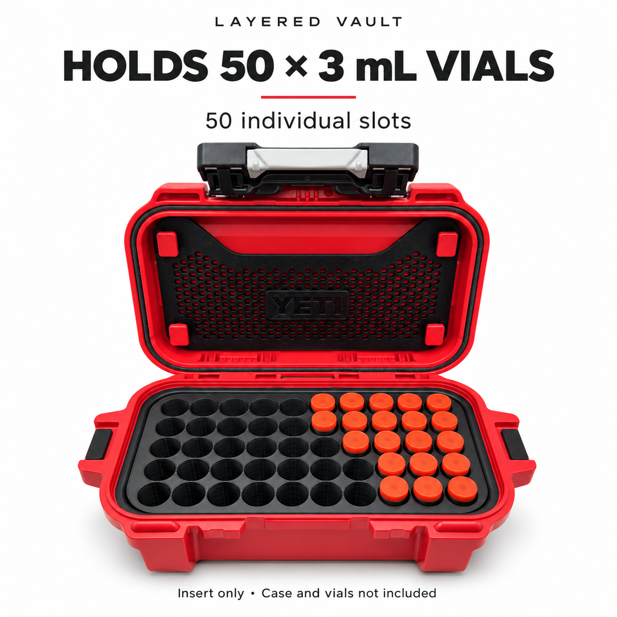 Front view of the 50-slot 3ml vial insert installed in an open red YETI GoBox 1, with labeled vial capacity.