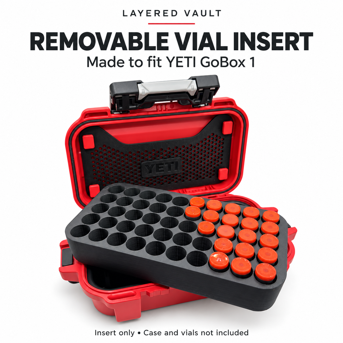 Removable black 50-slot vial insert lifted above an open red YETI GoBox 1; case and demonstration vials are excluded.