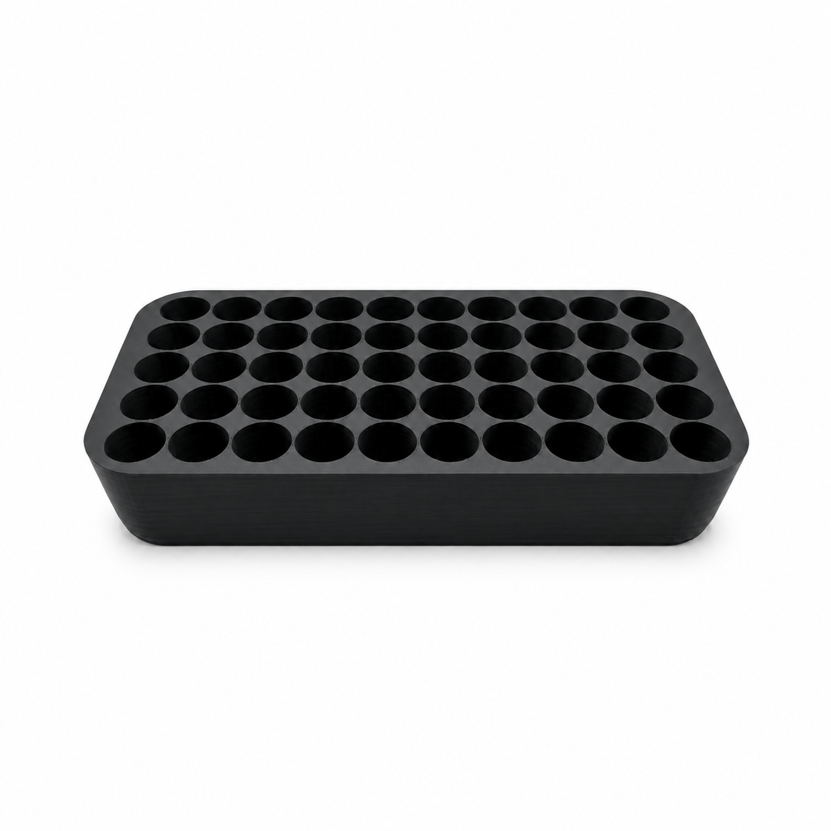 Empty black 50-slot 3ml vial organizer insert for YETI GoBox 1 on white, with five rows of ten individual vial positions.