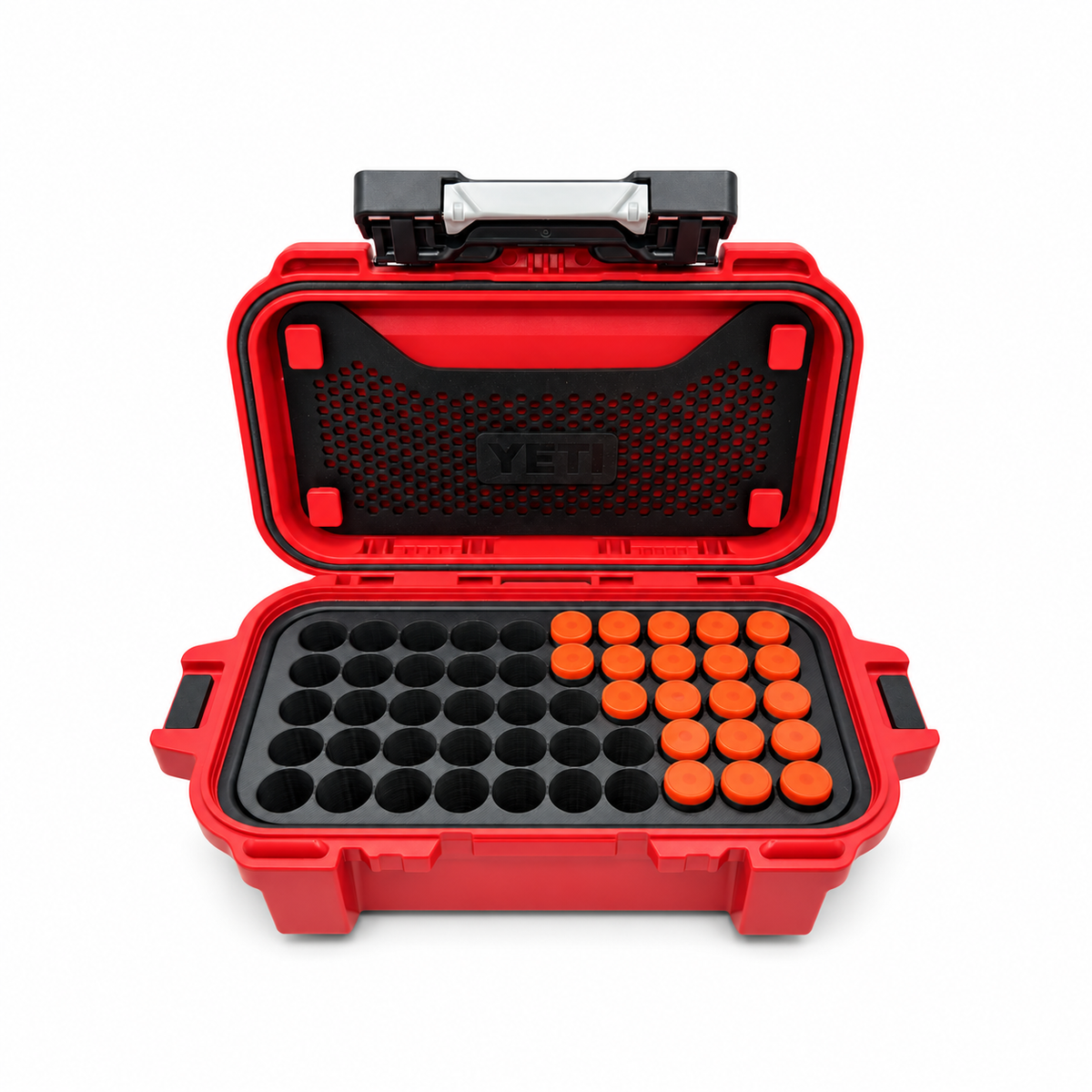 Open red YETI GoBox 1 with a black 50-slot 3ml vial organizer insert and orange-capped demonstration vials on white; case and vials are not included.